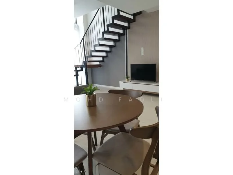 Dining features: round dining table, 4 dining chairs, indoor plant in pot, staircase with wooden steps, wall-mounted TV, light-colored walls, grey accent wall, white cabinetry, floor-to-ceiling windows, tile flooring; style: modern.