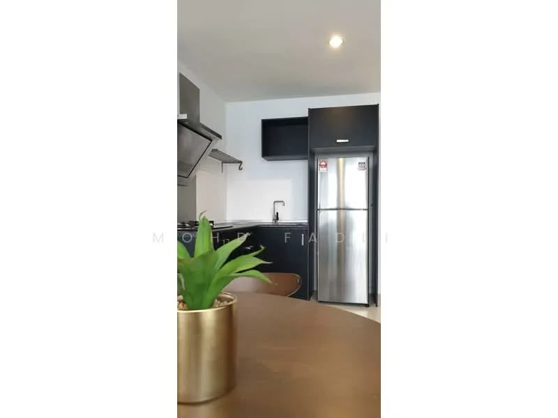 Kitchen features: black cabinetry, stainless-steel fridge, stainless-steel range hood, single-bowl stainless-steel sink, chrome pull-down faucet, dark countertop, open shelving, wall-mounted cabinet, ceramic tile flooring, decorative plant in pot; style: modern.