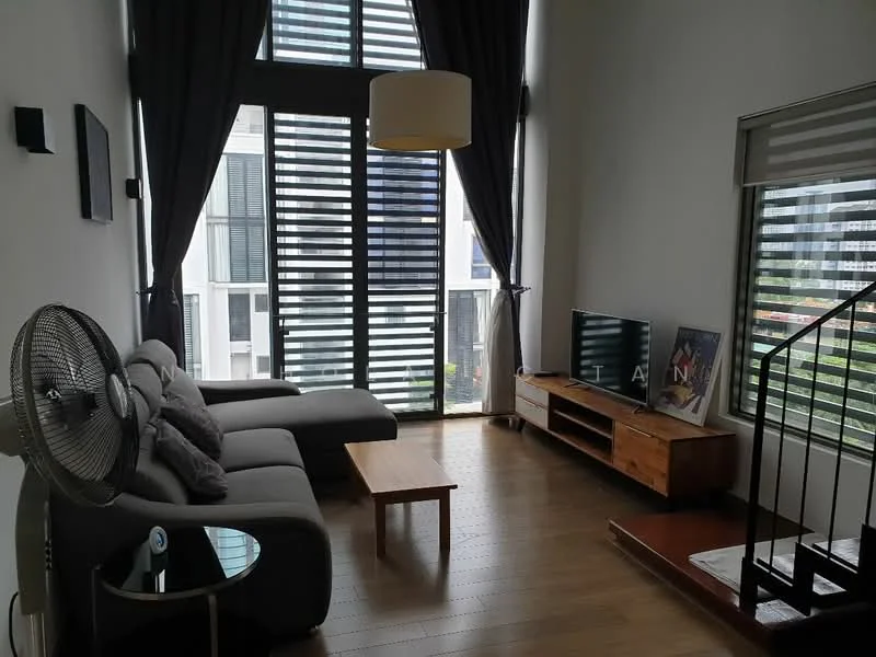 Living features: 3-seater fabric sofa in grey, wooden coffee table, TV console, wall-mounted TV, floor-to-ceiling windows, vertical blinds, ceiling light fixture, decorative wall art, wooden flooring, standing fan; style: modern; view: city.