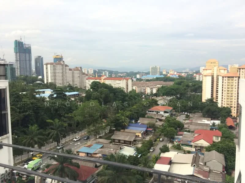 Exterior type: high-rise condominium; features: city skyline view, surrounded by greenery, urban landscape, mixed residential and commercial buildings, visible roads and traffic, high-rise buildings in the background, low-rise houses in the foreground; style: modern.