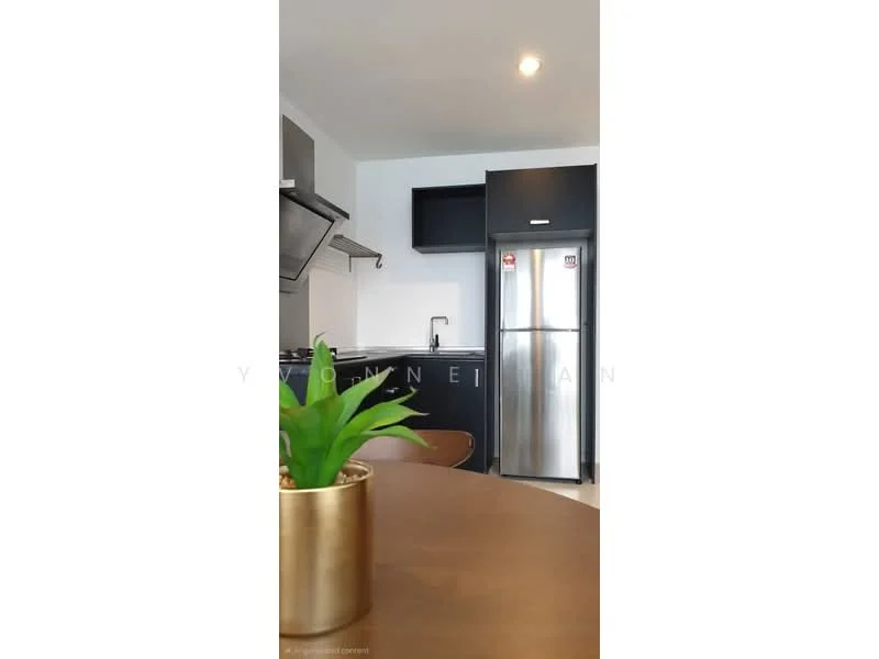 Kitchen features: black cabinetry, stainless-steel fridge, stainless-steel range hood, single-bowl stainless-steel sink, chrome pull-down faucet, white walls, recessed downlights, open shelving, wooden dining table, decorative plant in pot; style: modern.