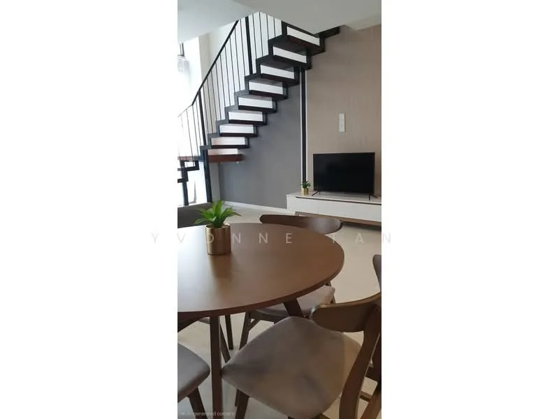 Dining features: round dining table, 4 wooden dining chairs, indoor plant in ceramic pot, white walls, light-colored flooring, staircase with wooden treads and black railing, wall-mounted TV, feature wall with textured finish; style: modern.