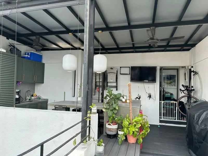 Room features: grey cabinetry, stainless-steel appliances, pendant lighting, ceiling fans, outdoor seating area, wooden decking, potted plants, wall-mounted TV, sliding glass door, bicycle storage; style: modern; view: garden.