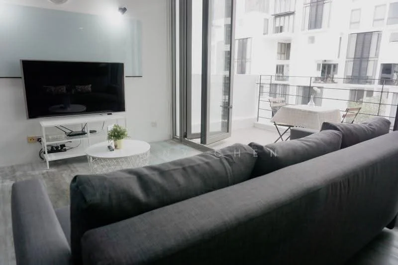 Living features: grey fabric sofa, round coffee table, wall-mounted TV, white TV console, floor-to-ceiling windows, sliding glass door, balcony view, light-colored flooring, decorative plant, neutral wall color, recessed lighting; style: modern; view: city.