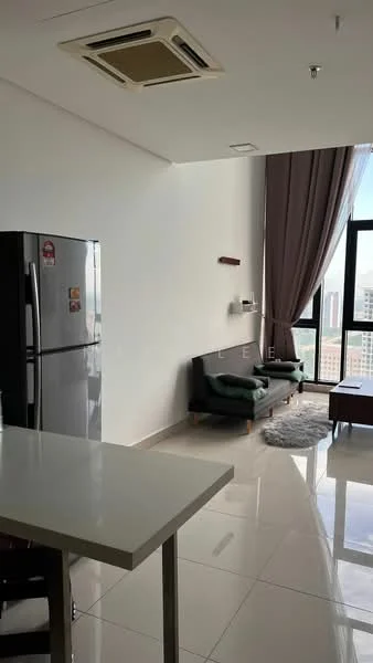Living features: grey fabric sofa, coffee table, area rug, floor-to-ceiling windows, curtains, wall-mounted shelf, refrigerator, marble tile flooring, ceiling-mounted air conditioning unit, light-colored walls; style: modern; view: city.