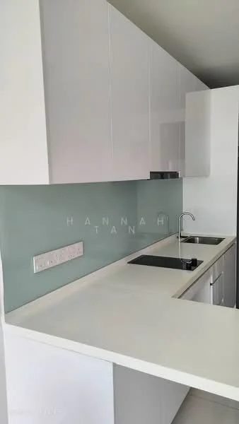 Kitchen features: white high-gloss cabinetry, light green backsplash, white countertop, single-bowl stainless-steel sink, chrome pull-down faucet, built-in induction cooktop, under-cabinet lighting, wall-mounted electrical outlet; style: modern.