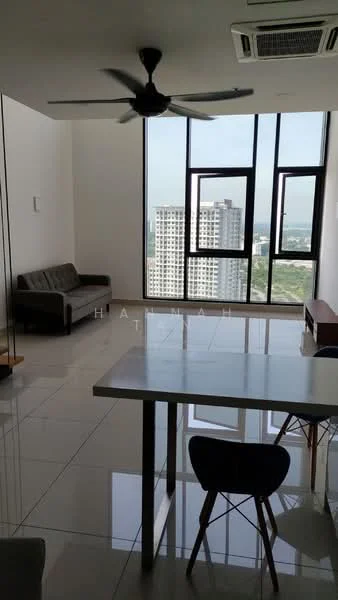 Living features: floor-to-ceiling windows, grey fabric sofa, ceiling fan, marble tile flooring, dining table with white countertop, wooden side table, black dining chairs, city view; style: modern; view: city.