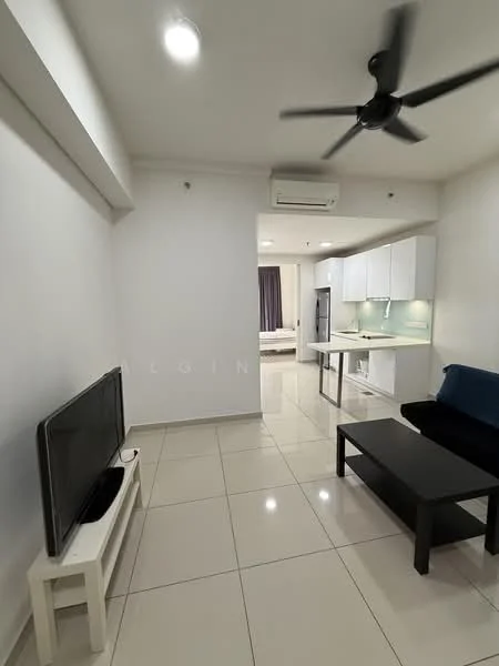 Living features: white painted walls, glossy tile flooring, 5-blade ceiling fan with light, wall-mounted TV, black coffee table, blue fabric sofa, air conditioning unit, recessed downlights; style: modern. Kitchen features: white cabinetry, stainless-steel fridge, built-in oven, ceramic cooktop, white countertop, open shelving, recessed downlights; style: modern.