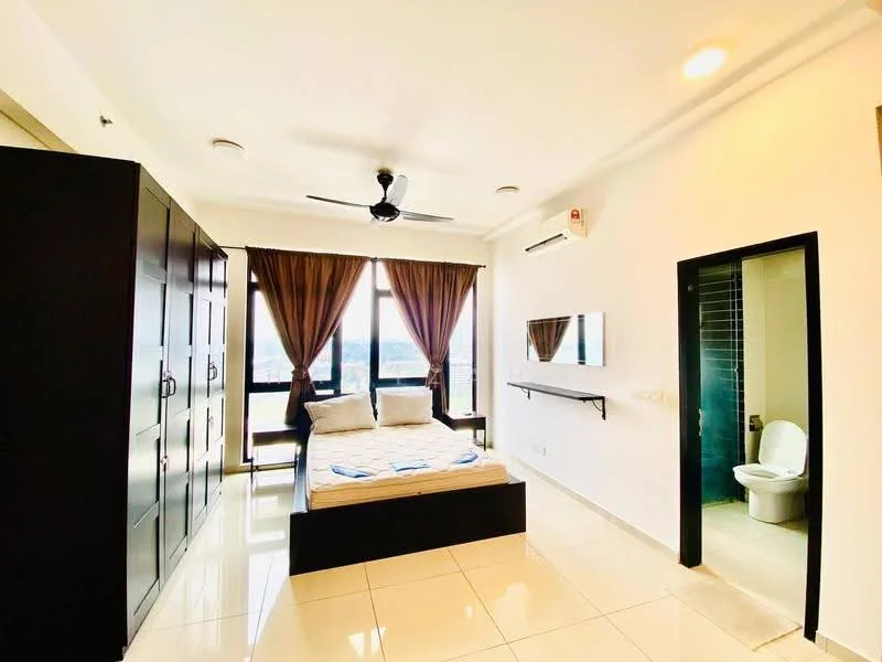 Bedroom features: king-size bed, upholstered headboard, 2 bedside lamps, built-in wardrobe with black finish, floor-to-ceiling windows, curtains, ceiling fan, wall-mounted mirror, tile flooring, air conditioning unit, en-suite bathroom visible; style: modern; view: city. Bathroom features: one-piece toilet, tile flooring, shower area, wall-mounted mirror.
