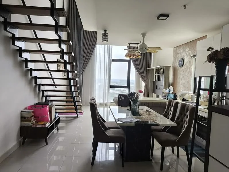 Living features: open-plan layout, floor-to-ceiling windows, grey curtains, 5-blade ceiling fan with light, chandelier, dining table with 4 upholstered chairs, black marble dining table, wooden staircase, light-colored sofa, decorative wall with texture, wall-mounted clock, bookshelf, decorative vase with flowers, polished tile flooring; style: modern; view: city.