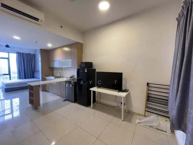 Living features: white painted walls, glossy tile flooring, floor-to-ceiling windows, curtains, sofa, kitchenette with wooden cabinetry, stainless-steel fridge, built-in oven, microwave, black TV console, wall-mounted TV, air conditioning unit, dining table, open layout; style: modern; view: city.