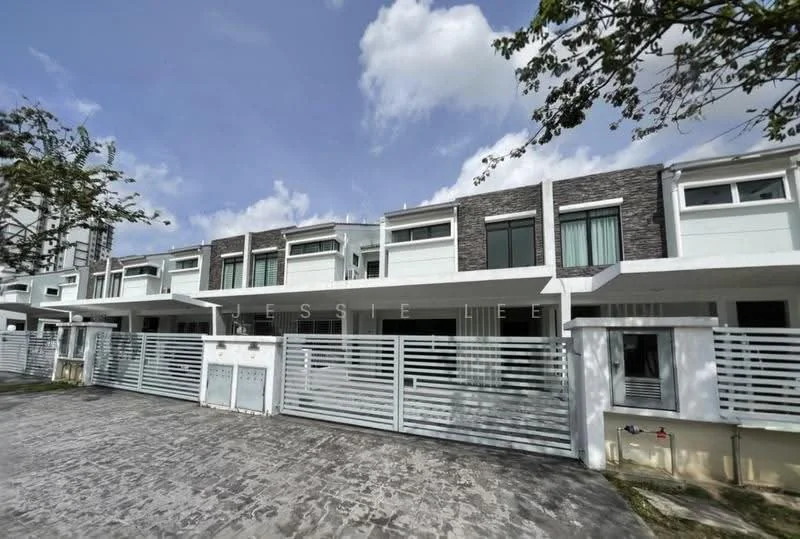 Exterior type: linked terrace house; features: white painted facade, grey stone cladding, horizontal metal slats for privacy, front porch area, manicured landscaping, paved driveway, multiple storeys, large windows, gated entry; style: modern.