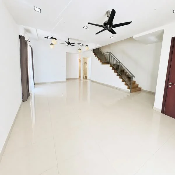 Living features: white painted walls, polished ceramic tile flooring, 5-blade ceiling fan with light, 2 ceiling-mounted pendant lights, staircase with wooden steps, metal railing, large windows with sheer curtains, open layout; style: modern.