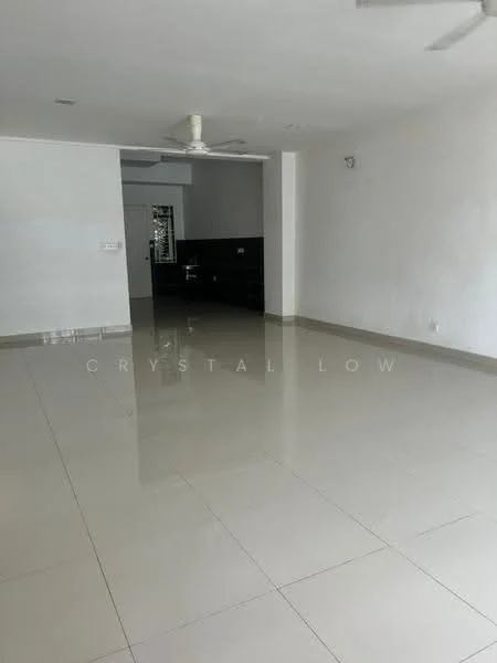 Living features: white painted walls, glossy ceramic tile flooring, ceiling fan, recessed downlights, open layout, large windows, neutral color scheme, no visible furniture; style: modern. Kitchen features: black tiled backsplash, kitchen cabinetry, counter space, appliances not visible; style: modern.