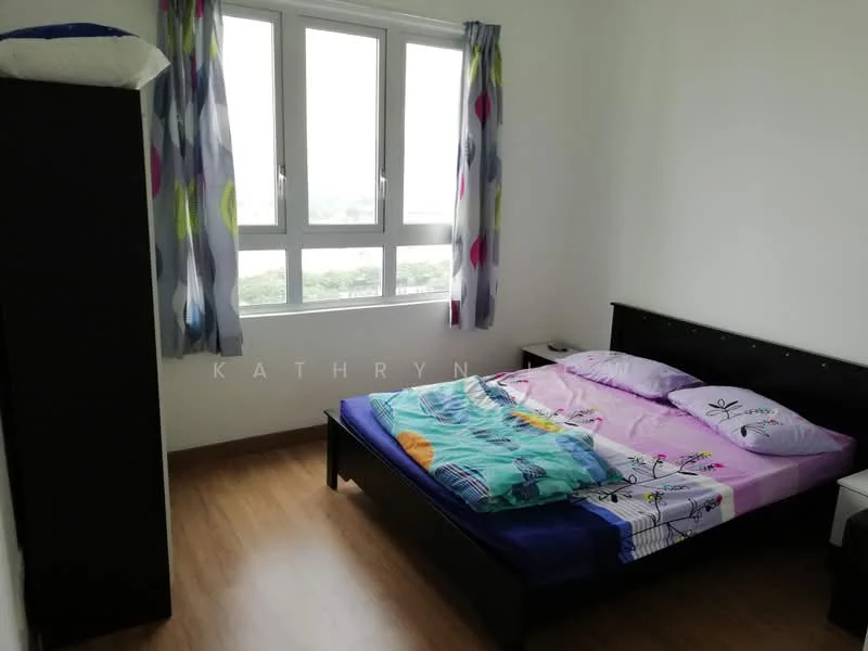 Bedroom features: queen-size bed, upholstered headboard, bedding with floral pattern, 2 bedside tables, floor-to-ceiling windows, curtains with colorful pattern, wooden flooring, built-in wardrobe; style: modern; view: garden.