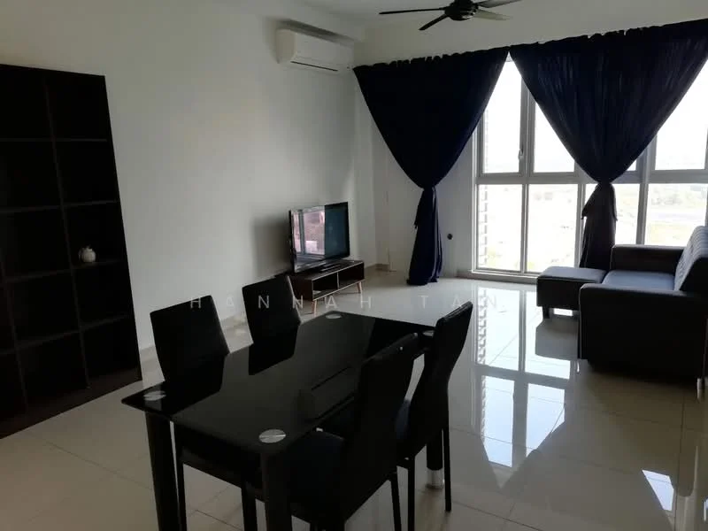 Living features: floor-to-ceiling windows, blackout curtains, 3-seater leather sofa, coffee table, TV console, wall-mounted TV, ceiling fan, white painted walls, glossy tile flooring, open shelving unit, dining table with 4 chairs; style: modern; view: city.