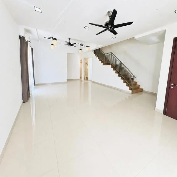 Living features: white painted walls, polished ceramic tile flooring, 5-blade ceiling fan with light, 3 pendant lights, large windows with sheer curtains, staircase with wooden steps and metal railing, open layout, neutral color scheme; style: modern.
