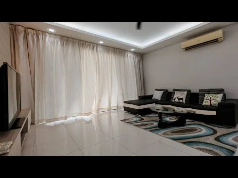 Living features: cream painted walls, white ceiling with recessed lighting, 5-blade ceiling fan, large floor-to-ceiling windows with sheer curtains, polished ceramic tile flooring, black leather sectional sofa, coffee table with circular design, decorative cushions with floral patterns, area rug with circular patterns, wall-mounted TV console, 1 wall-mounted split AC; style: modern.