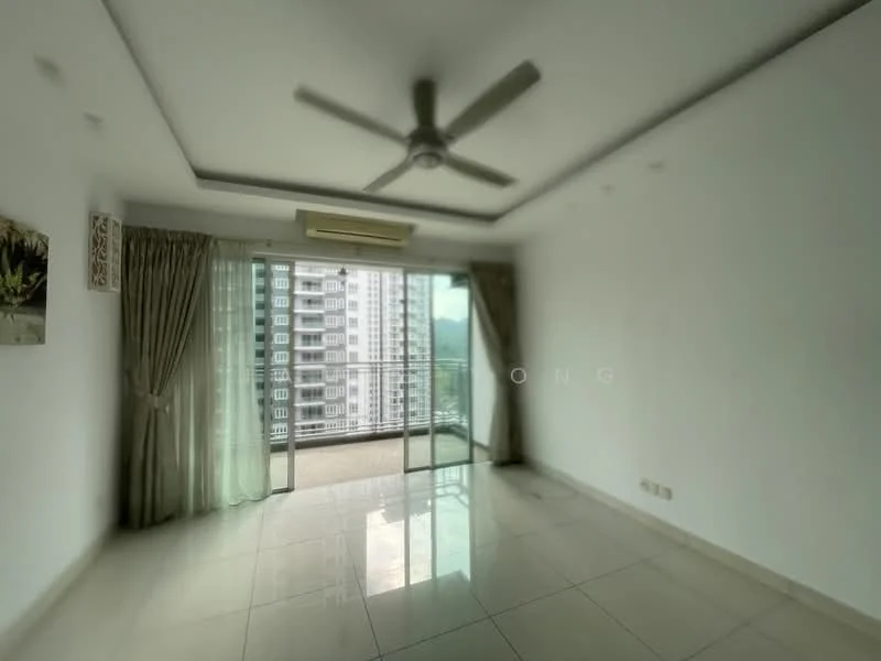Living features: white painted walls, tile flooring, 5-blade ceiling fan, floor-to-ceiling sliding glass door, curtains, air conditioning unit, balcony access, natural light from large windows; style: modern; view: city.