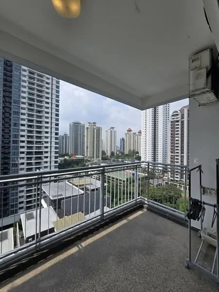Room features: balcony with railing, concrete flooring, city skyline view, surrounding high-rise buildings, overhead light fixture; view: city.