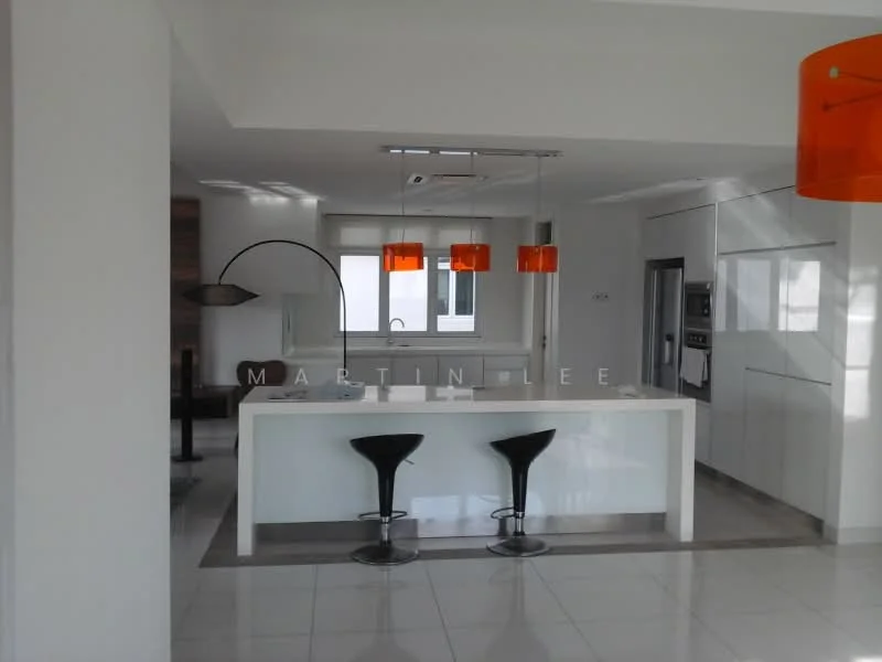 Kitchen features: white cabinetry, island countertop with bar seating, stainless-steel appliances, built-in oven, built-in microwave, recessed downlights, pendant lights in orange, white walls, glossy tile flooring, floor-to-ceiling windows, open layout, modern design; style: modern; view: city.