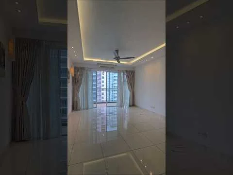 Living features: white painted walls, glossy porcelain tile flooring, tray ceiling with recessed lighting, 5-blade ceiling fan with light, floor-to-ceiling windows, sheer curtains, sliding glass door, open layout, LED strip lighting; style: modern; view: city.