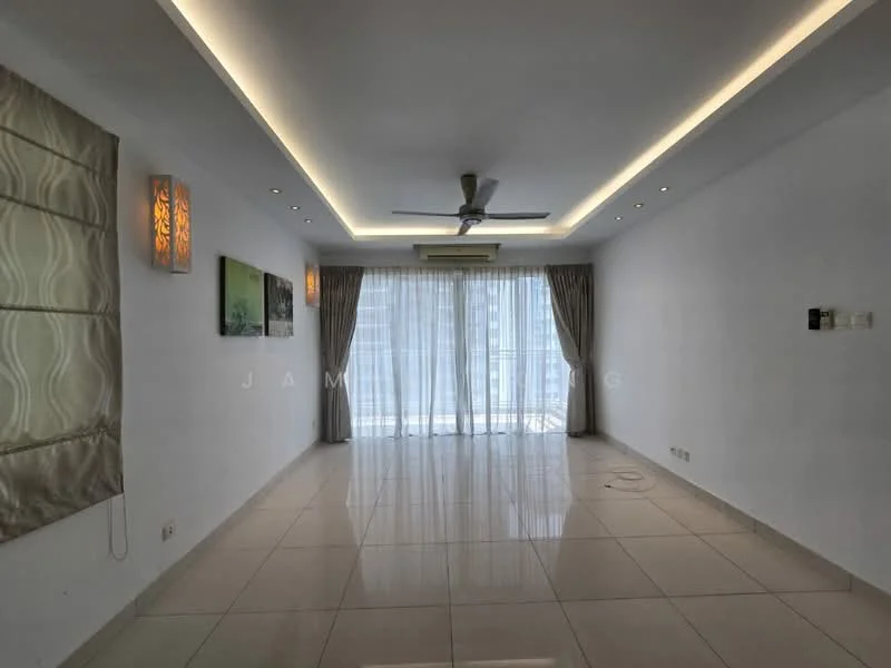 Living features: white painted walls, glossy tile flooring, 5-blade ceiling fan with light, recessed LED downlights, floor-to-ceiling windows, sheer curtains, curtains in beige, wall-mounted artwork, decorative wall sconces; style: modern; view: city.