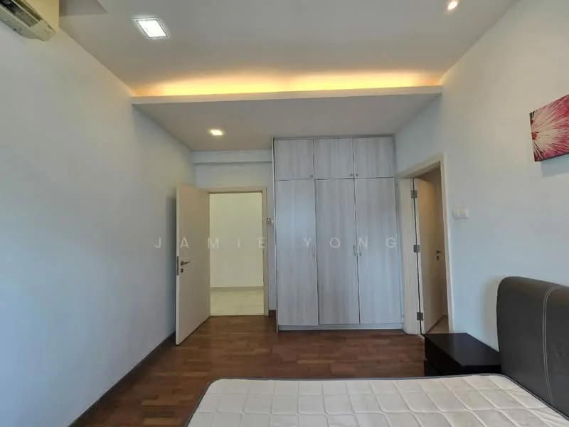 Bedroom features: wooden flooring, white painted walls, built-in wardrobe with sliding doors, ceiling light, wall-mounted split AC, queen-size bed, decorative wall art, door leading to another room; style: modern.