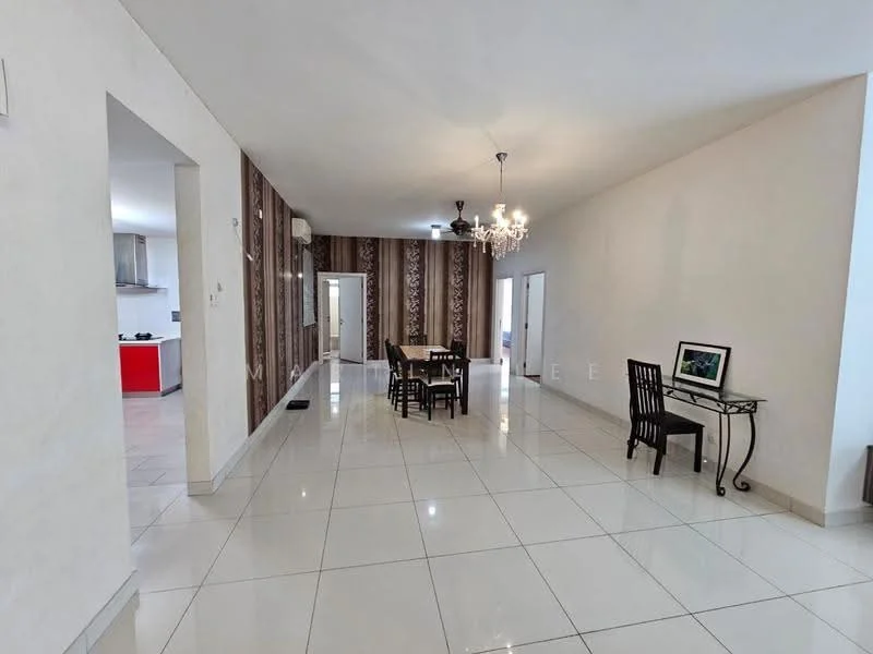 Living features: white painted walls, cream accent wall with floral pattern, polished ceramic tile flooring, chandelier, dining table with 6 black chairs, decorative console table, floor-to-ceiling windows, air conditioning unit; style: modern. Kitchen features: red cabinetry, stainless-steel appliances, open layout to living area; style: modern.