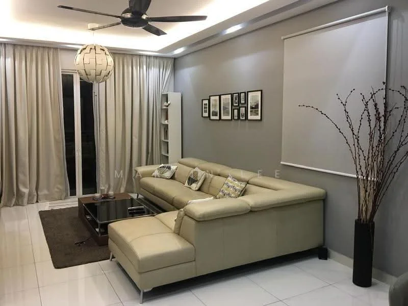 Living features: L-shape sectional sofa in beige leather, glass coffee table, area rug in brown, wall-mounted TV, shelves with decorative items, framed artwork on walls, floor-to-ceiling windows, sheer curtains, recessed downlights, 5-blade ceiling fan with light, grey painted walls, white ceiling with crown moulding, decorative branches in vase; style: modern.