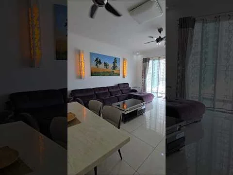 Living features: L-shape sectional sofa in purple, coffee table with glass top, 2 ceiling fans, recessed downlights, floor-to-ceiling windows, curtains with sheer and blackout options, white painted walls, glossy ceramic tile flooring, decorative wall art, wall-mounted air conditioning unit; style: modern; view: city.