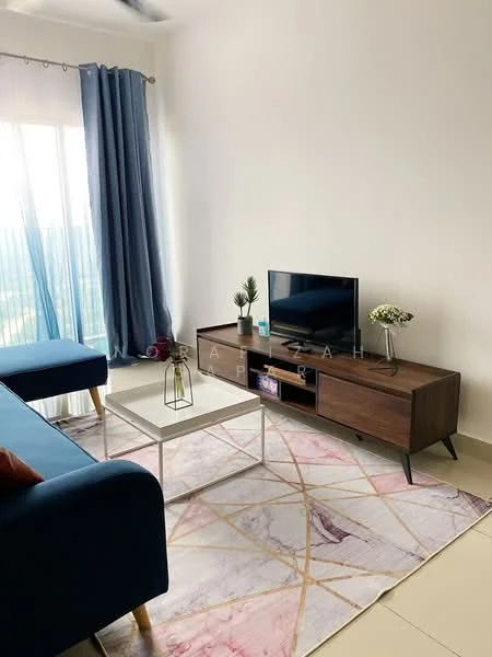 Living features: blue fabric sofa, white coffee table, wooden TV console, wall-mounted TV, area rug with geometric pattern, floor-to-ceiling windows, sheer curtains, decorative plant, vase with flowers, light-colored tiled flooring; style: modern; view: city.