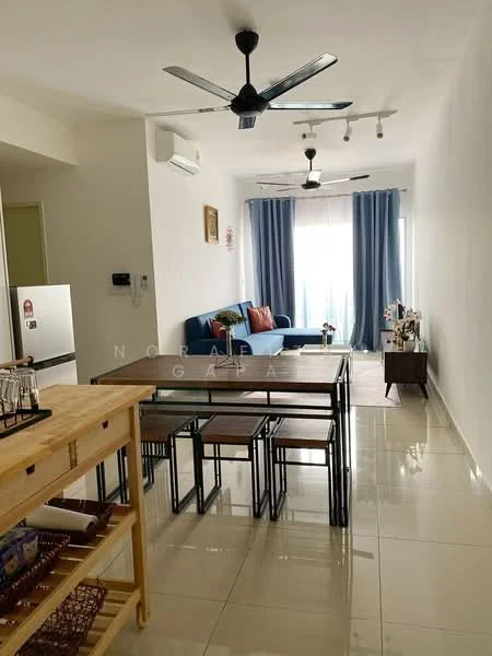 Dining features: 6-seater dining table, metal frame dining chairs, ceiling fan with light, wall-mounted air conditioning unit, large window with sheer curtains, blue sofa, decorative plants, light-colored walls, glossy tile flooring, track lighting, side table, decorative wall art; style: modern; view: city.