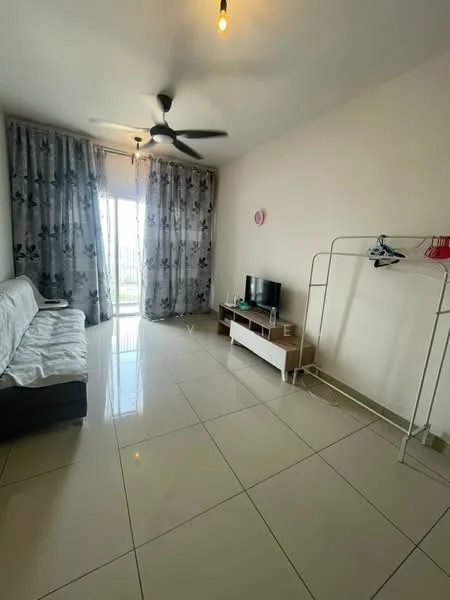 Living features: 3-seater fabric sofa in grey, floor-to-ceiling windows, sheer curtains, TV console, wall-mounted TV, ceiling fan, polished ceramic tile flooring, decorative wall clock, light fixture with exposed bulbs, open shelving unit; style: modern; view: city.
