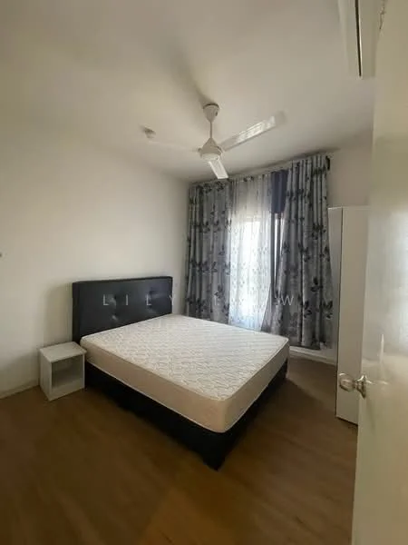 Bedroom features: queen-size bed, upholstered headboard, nightstand, ceiling fan, curtains with floral pattern, wooden flooring, built-in wardrobe, window with natural light; style: modern.