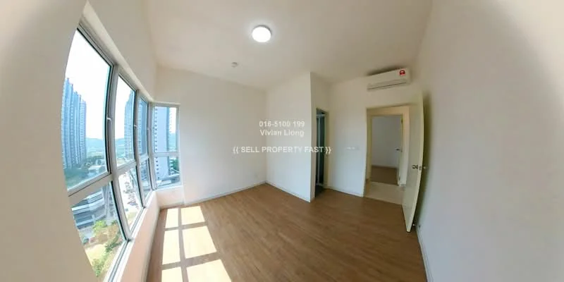 Room features: laminate flooring, white painted walls, floor-to-ceiling windows, 1 wall-mounted split AC, ceiling light, doorway leading to another room; style: modern; view: city.