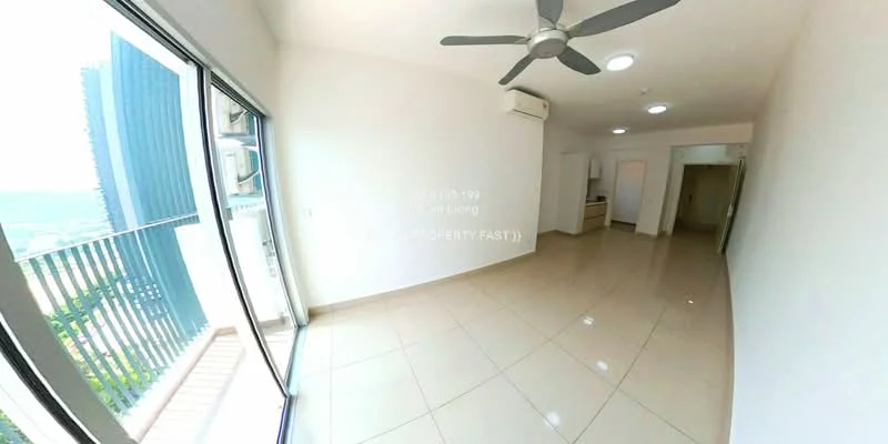 Room features: glossy tile flooring, white painted walls, ceiling fan, recessed downlights, floor-to-ceiling windows, sliding glass door, air conditioning unit, open layout; style: modern; view: city.