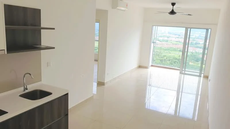 Kitchen features: single-bowl stainless-steel sink, chrome pull-down faucet, laminate cabinetry in dark wood, white quartz countertop; style: modern; view: city. Living features: large floor-to-ceiling windows, sliding glass door, white painted walls, polished ceramic tile flooring, 5-blade ceiling fan with light, air conditioning unit; style: modern; view: city.