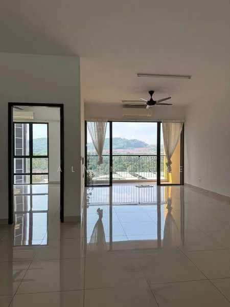 Living features: large floor-to-ceiling windows, sliding glass door, white painted walls, polished ceramic tile flooring, 5-blade ceiling fan with light, sheer curtains, mountain view, recessed downlights; style: modern; view: mountain. Room features: mirror on wall.