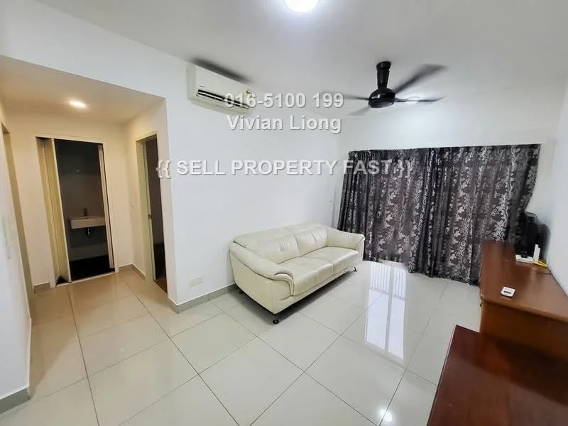Living features: cream leather sofa, wall-mounted TV, wooden TV console, white painted walls, glossy ceramic tile flooring, 5-blade ceiling fan, curtains with floral pattern, air conditioning unit; style: modern. Room features: doorway leading to bathroom, doorway leading to hallway.