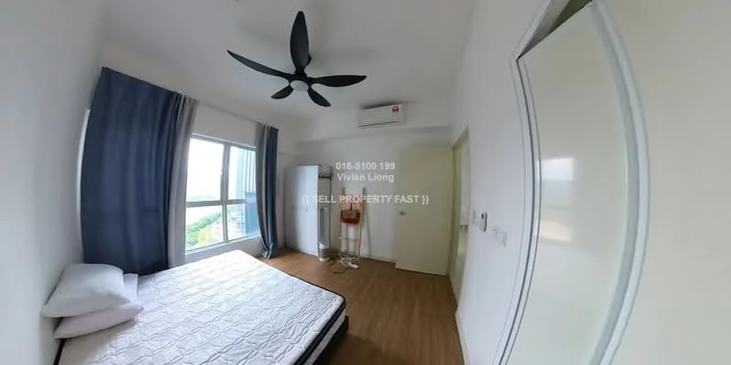 Bedroom features: queen-size bed, 5-blade ceiling fan, floor-to-ceiling windows, wooden flooring, white painted walls, air conditioning unit, curtains, nightstand, wardrobe; style: modern; view: city.