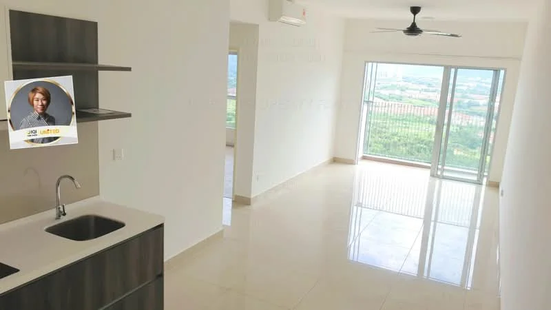 Living features: floor-to-ceiling windows, sliding glass door, 5-blade ceiling fan, white painted walls, glossy tile flooring, open layout, natural light, city view; style: modern; view: city. Kitchen features: single-bowl stainless-steel sink, chrome pull-down faucet, dark wood cabinetry, white countertop, open shelving; style: modern.