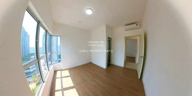Room features: large floor-to-ceiling windows, wooden flooring, white painted walls, air conditioning unit, doorway leading to another room, natural light from windows, corner room with multiple windows; style: modern; view: city.