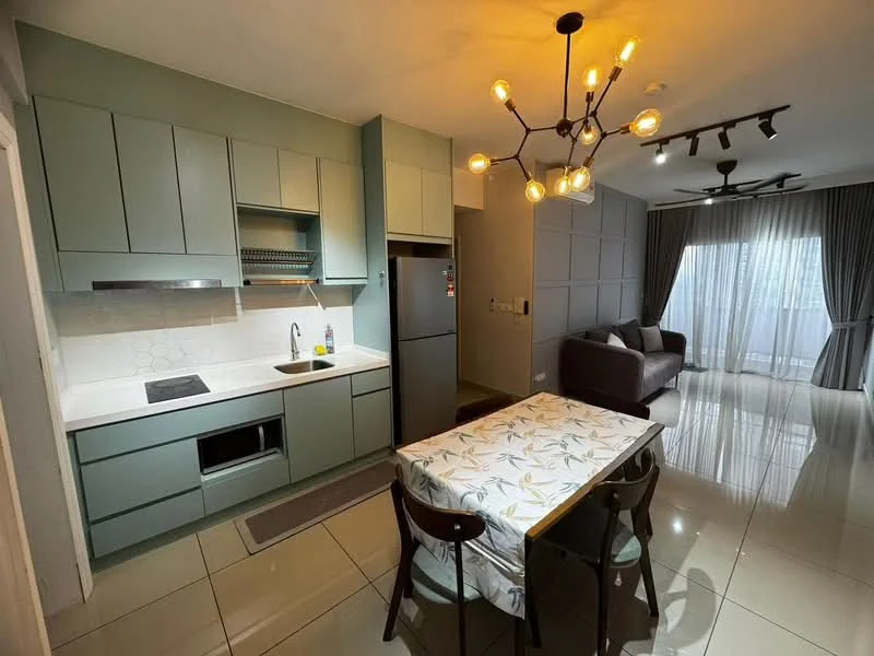 Kitchen features: green cabinetry, white quartz countertop, hexagonal tile backsplash, single-bowl stainless-steel sink, chrome pull-down faucet, built-in oven, freestanding fridge, 4-burner gas hob, dining table with floral tablecloth, 4 dining chairs, recessed downlights, pendant light fixture, polished tile flooring; style: modern. Living features: grey fabric sofa, coffee table, floor-to-ceiling windows with sheer curtains, ceiling fan, wall-mounted TV, decorative wall panels, polished tile flooring; style: modern.
