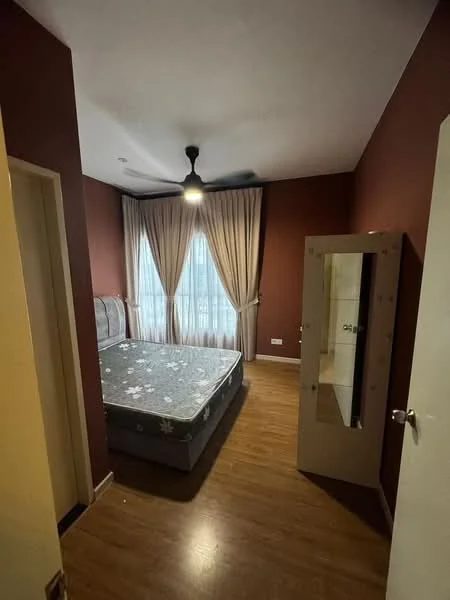 Bedroom features: queen-size bed, wooden flooring, red painted walls, floor-to-ceiling windows, sheer curtains, 5-blade ceiling fan, built-in wardrobe with mirror, decorative wall mirror; style: modern.