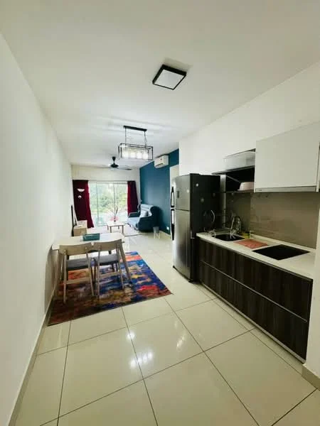 Kitchen features: white painted walls, grey accent wall, glossy tile flooring, kitchen cabinets in dark wood, stainless-steel fridge, single-bowl stainless-steel sink, chrome pull-down faucet, built-in oven, 4-burner gas hob, recessed downlights, dining table with 4 chairs, area rug with colorful pattern, floor-to-ceiling windows, curtains in red fabric, air conditioning unit; style: modern; view: garden.
