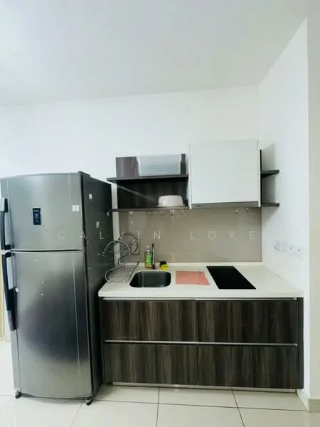 Kitchen features: stainless-steel fridge, single-bowl stainless-steel sink, chrome pull-down faucet, white countertop, dark wood cabinetry, open shelving, built-in cooktop, tile flooring, white painted walls, wall-mounted light fixture; style: modern.