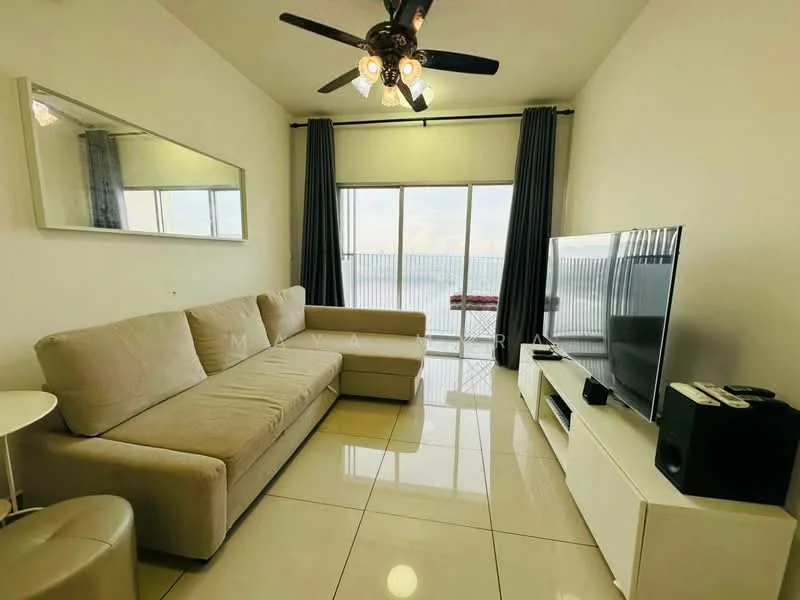 Living features: L-shape sectional sofa in beige, ceiling fan with light, wall-mounted TV, white TV console, large sliding glass door, floor-to-ceiling windows, grey curtains, glossy tile flooring, decorative mirror, area rug; style: modern; view: city.
