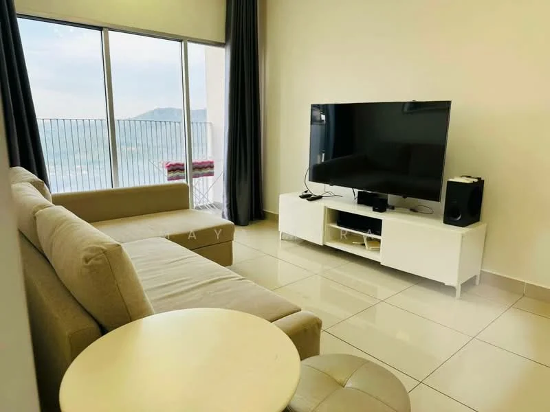Living features: L-shape sectional sofa in beige, coffee table, wall-mounted TV, TV console in white, floor-to-ceiling windows, grey curtains, glossy tile flooring, mountain view; style: modern; view: mountain.