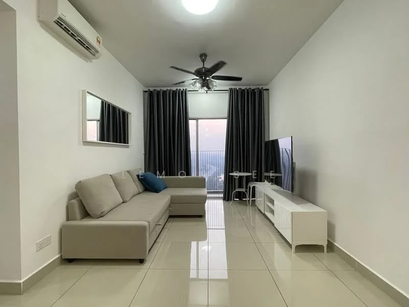Living features: 3-seater fabric sofa in light grey, ceiling fan with light, floor-to-ceiling window, grey curtains, wall-mounted TV, white TV console, mirror on wall, glossy tile flooring, air conditioning unit; style: modern; view: city.